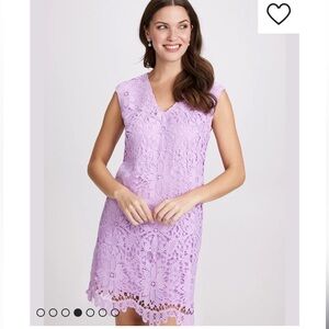 London Times Women's Extended Shoulder V-Neck Lace Shift Dress Light Lavender